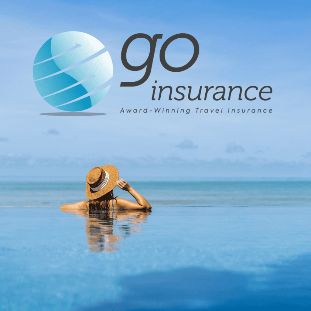 Woman relaxing in pool with travel insurance logo in sky background.